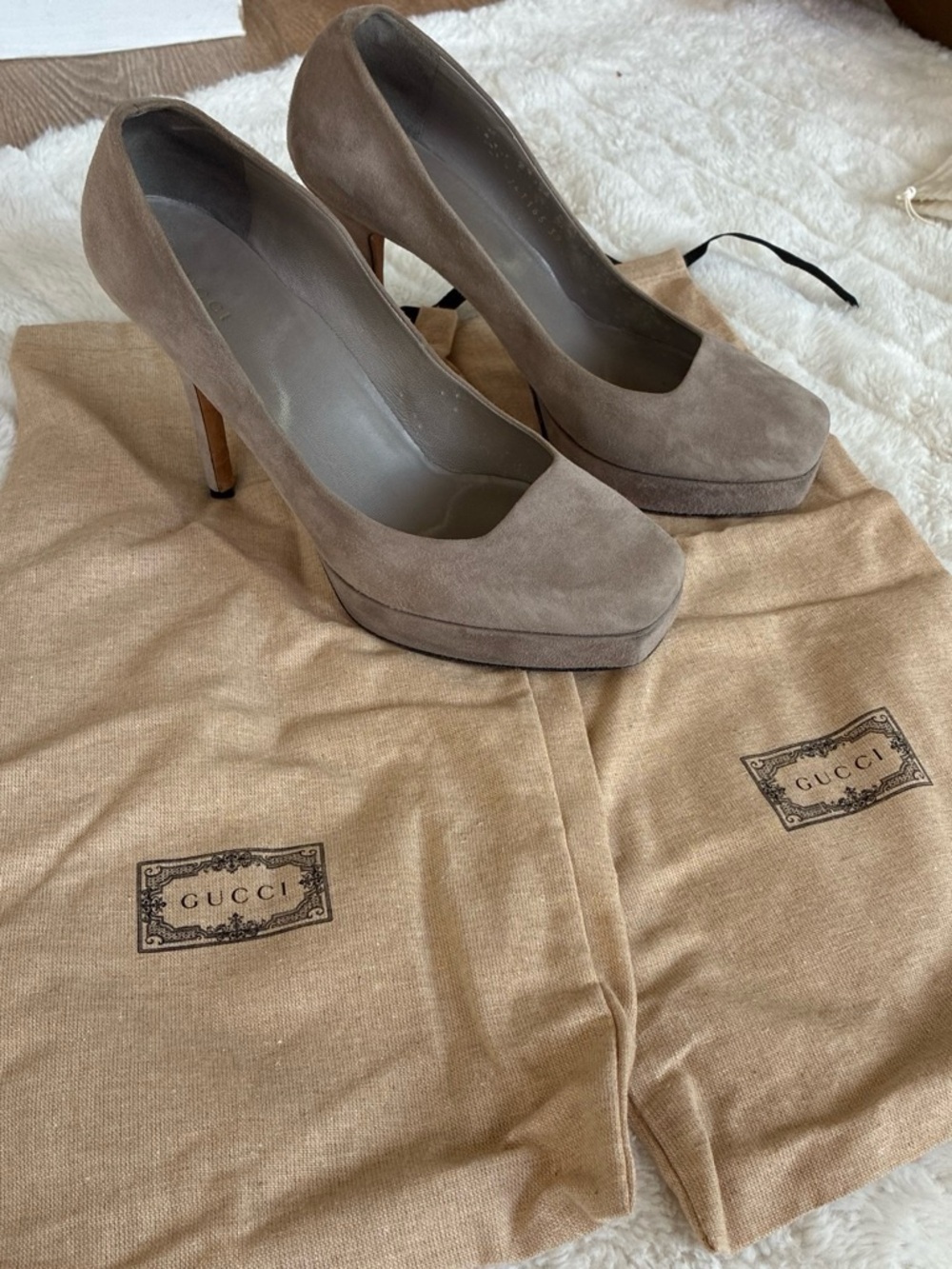 Gucci Taupe Suede Platform Pumps